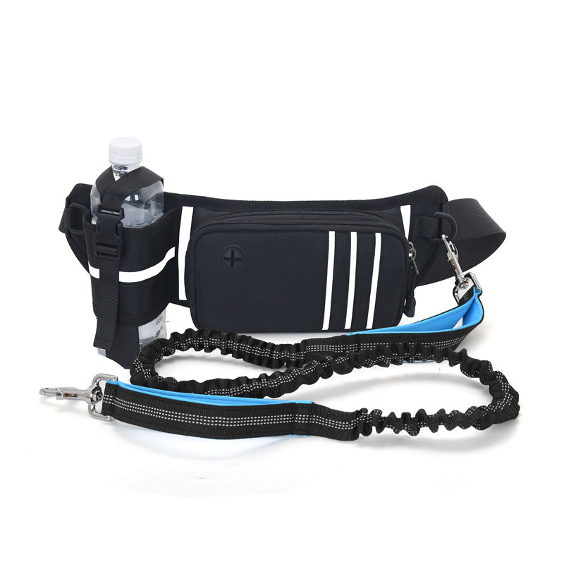 Black waist bag with water bottle holder and leash on a white background
