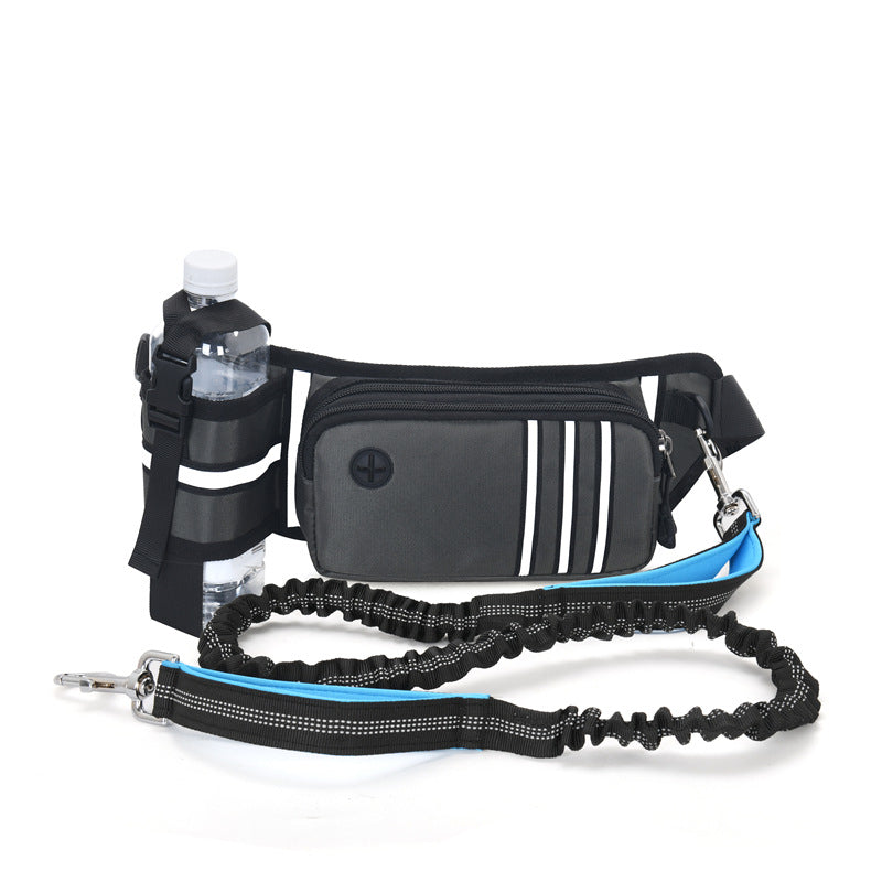 Black waist bag with water bottle holder and leash on a white background