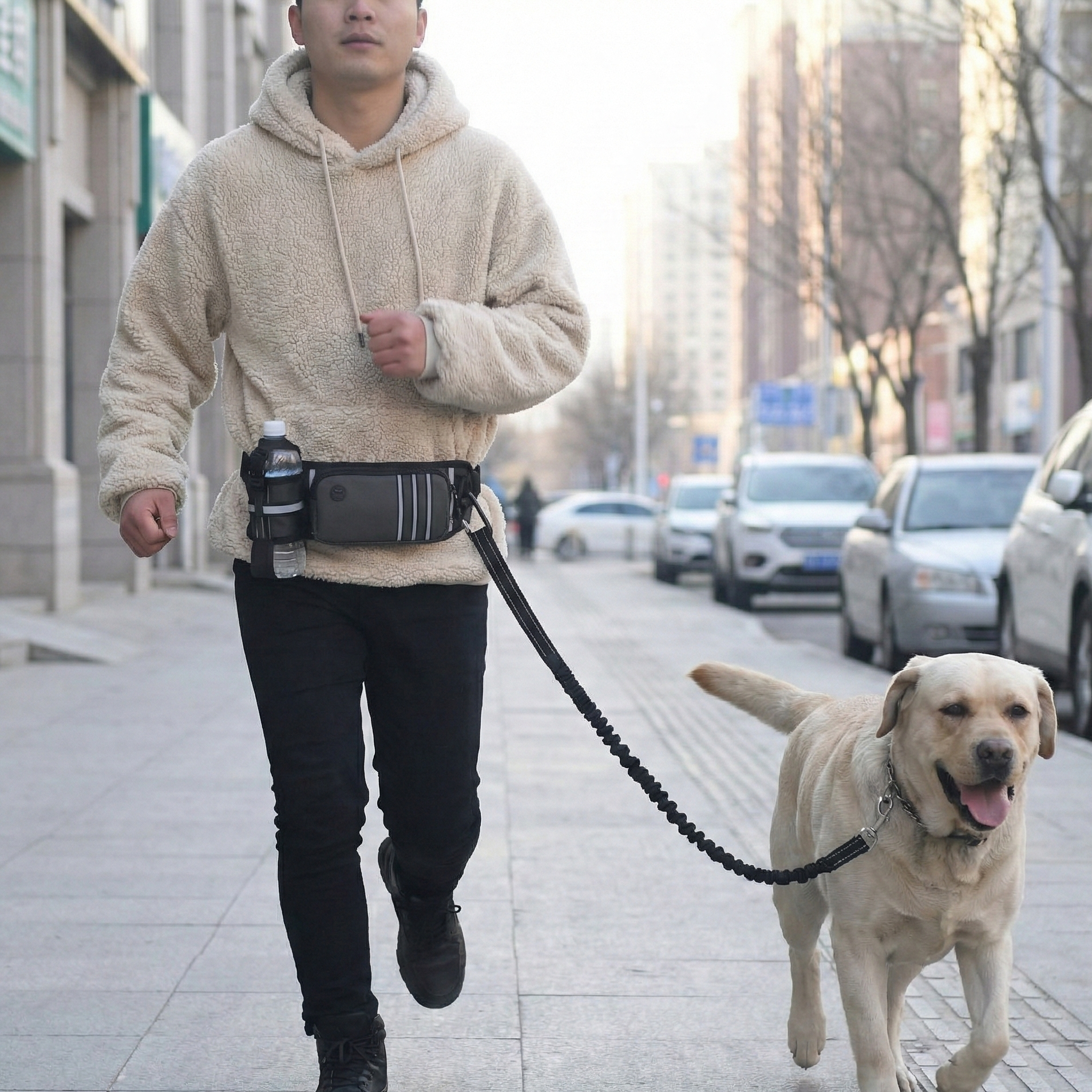 Man walking a dog on a leash in an urban setting