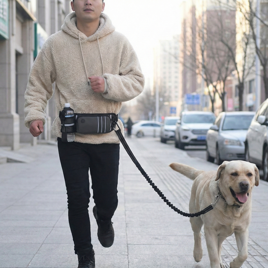 Man walking a dog on a leash in an urban setting