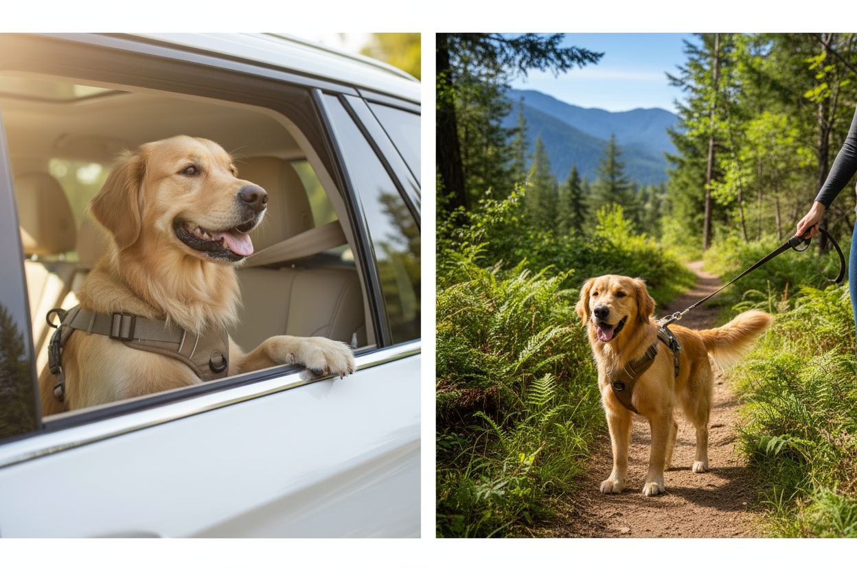 Scene preference:

A dog safely buckled in the backseat of a car (showing safety feature)?

A person walking their dog (showing versatility)?

Or a split image showing both “Drive & Stroll”?